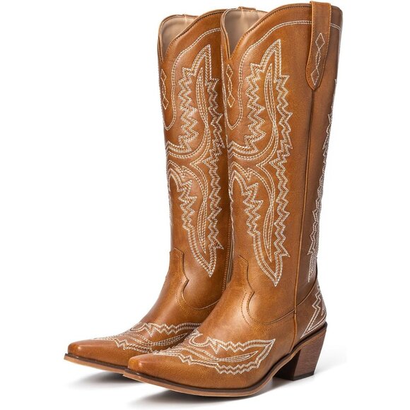 ⚡Women's Brown Cowgirl Western Knee High Booties Embroidered Side Zipper - Picture 1 of 7